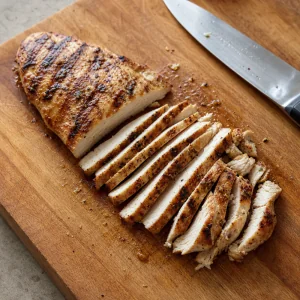 Rested grilled chicken breast sliced into thin strips on a wooden cutting board.