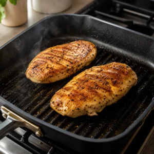 Seasoned chicken breasts cooking in a grill pan until golden brown with visible sear marks.