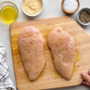 Seasoned raw chicken breasts on a cutting board with olive oil, garlic powder, salt, and black pepper.