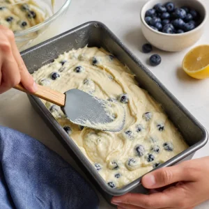 Impasto mirtilli e limone livellato nello stampo con una spatola