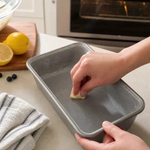 Stampo da plumcake imburrato pronto per impasto mirtilli e limone