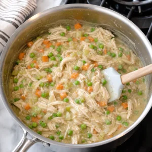 Shredded chicken and peas folded into creamy pot pie filling