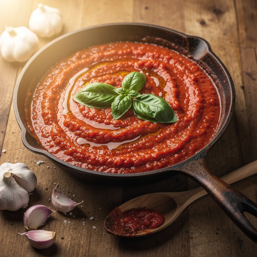 A skillet of fresh red marinara sauce garnished with basil and olive oil