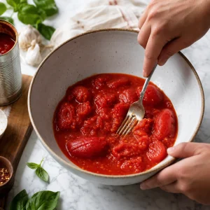 Canned tomatoes crushed in a bowl for homemade marinara sauce