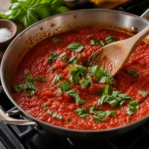 Fresh torn basil stirred into finished marinara sauce