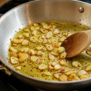 Garlic slices gently cooked until golden in olive oil