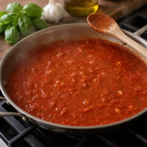 Marinara sauce brought to a gentle simmer in a skillet