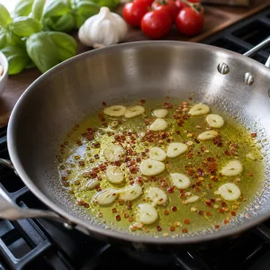 Sliced garlic and red pepper flakes added to warm olive oil