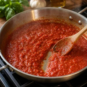 Thickened marinara sauce stirred after simmering uncovered
