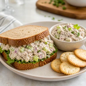 Finished tuna salad served on bread with crackers on the side