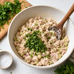 Fresh parsley and black pepper folded into homestyle tuna salad