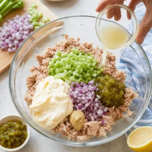 Mayonnaise, celery, red onion, relish, mustard, and lemon juice added to tuna