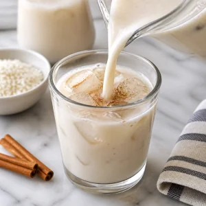 Chilled horchata poured over ice with cinnamon