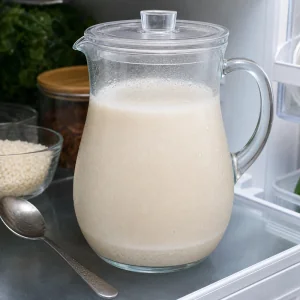 Covered pitcher of horchata chilling in the refrigerator