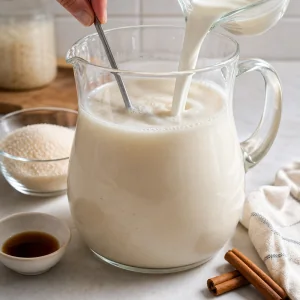 Milk being stirred into a pitcher of horchata
