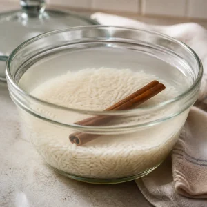 Rice and a cinnamon stick soaking in water