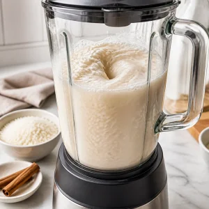 Rice mixture blending into a cloudy horchata base