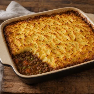 Shepherd's pie al forno con copertura di patate dorata e bordi ribollenti