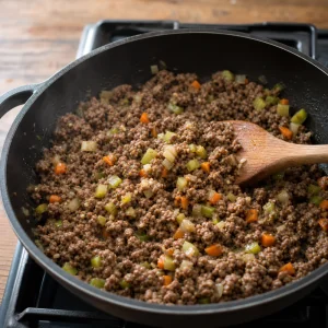 Agnello macinato che rosola accanto alle verdure ammorbidite in padella
