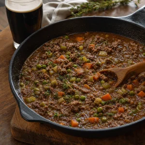 Ripieno di agnello alla Guinness che sobbolle con piselli, timo e verdure