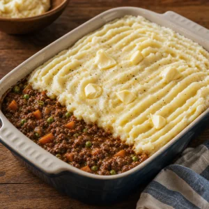 Ripieno di agnello coperto da purè di patate rigato in una pirofila
