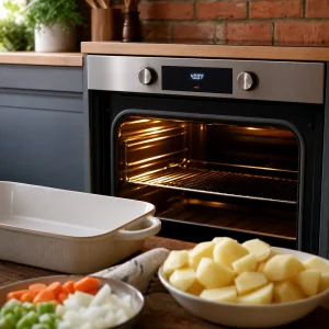 Forno in preriscaldamento con patate e verdure pronte per lo shepherd's pie