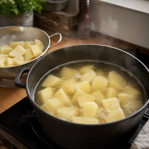 Pezzi di patate che sobbollono in acqua salata con patate scolate accanto
