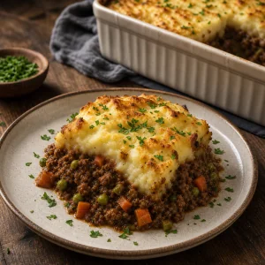 Porzione di shepherd's pie con agnello, verdure, prezzemolo e purè dorato