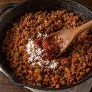 Concentrato di pomodoro e farina mescolati nel ripieno di agnello rosolato