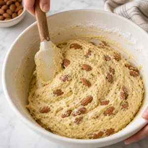 Almonds folded into thick anise biscotti dough