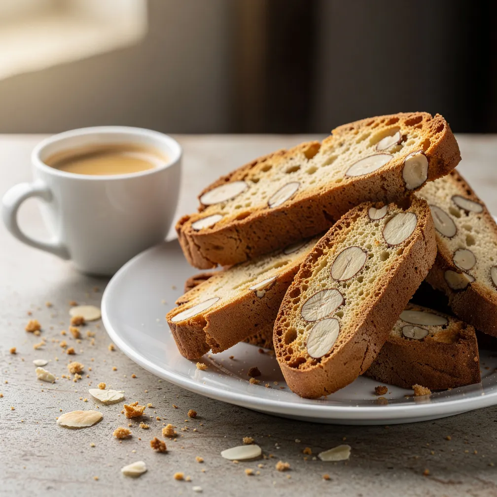 Crunchy Italian almond biscotti sliced diagonally and arranged beside a cup of espresso