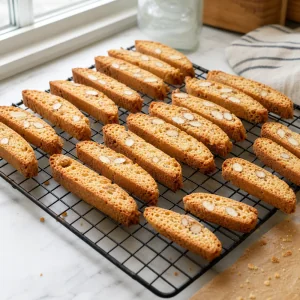 Finished almond biscotti cooling completely on a wire rack