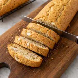 Golden almond biscotti log sliced diagonally with a serrated knife