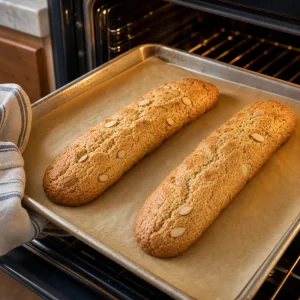 Golden first-baked almond biscotti logs on a baking sheet
