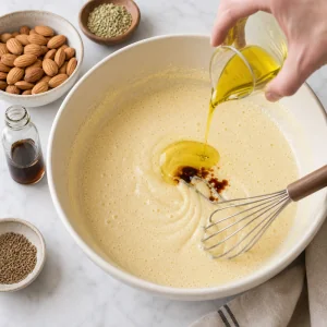 Pale egg and sugar mixture stirred with vanilla and olive oil