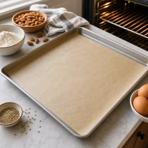 Parchment-lined baking sheet prepared for almond biscotti dough