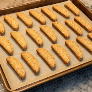 Sliced almond biscotti arranged cut-side down for the second bake