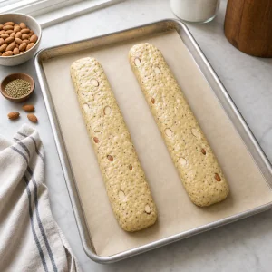 Two almond biscotti dough logs shaped on a parchment-lined baking sheet