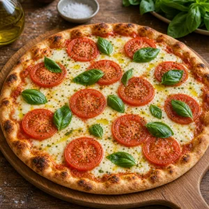 Finished Margherita pizza topped with fresh basil