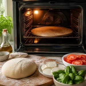 Pizza stone heating inside a hot oven