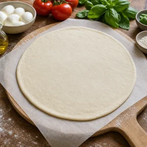 Rolled pizza dough resting on parchment