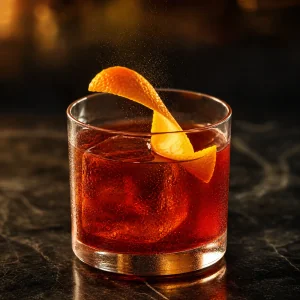 Classic Negroni garnished with a bright orange peel twist