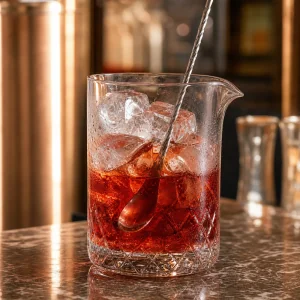Negroni mixture stirred with ice in a clear mixing glass
