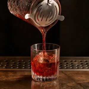 Ruby Negroni strained into a rocks glass over a large ice cube