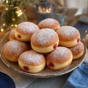 Sufganiyot finiti ripieni di lampone su un piatto