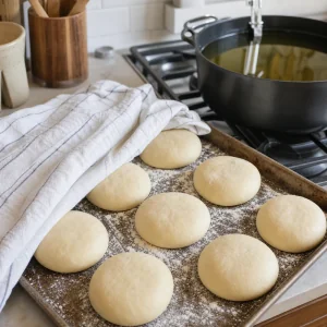 Dischi di ciambella gonfi in lievitazione accanto all olio caldo