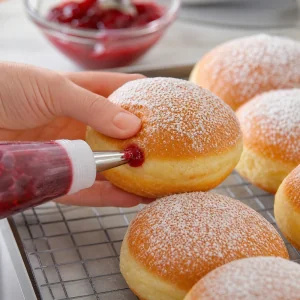Confettura di lamponi spremuta in una ciambella zuccherata