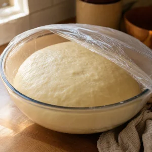 Impasto per sufganiyot lievitato in ciotola oliata
