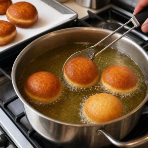 Sufganiyot che friggono dorati nell olio caldo