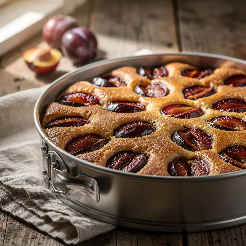 A golden-brown plum torte with halved purple plums and a cinnamon-sugar crust in a rustic setting.